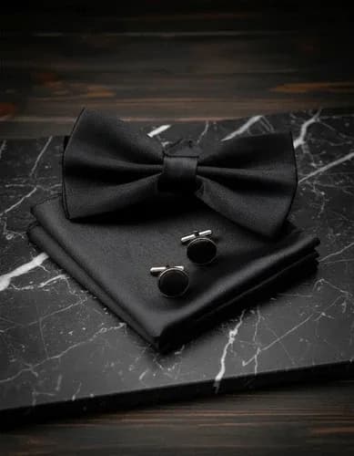 Moña Corbatin Con Pañuelo + Gemelos De Regalo Negro Lisa
