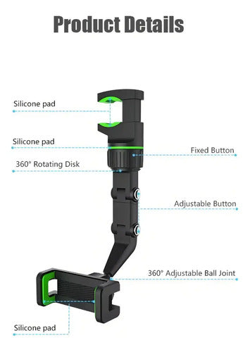 Soporte Celular Universal Espejo Retrovisor Clip Ajuste 360° Negro - Verde