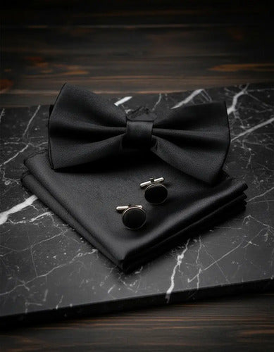 Moña Corbatin Con Pañuelo + Gemelos De Regalo Negro Lisa