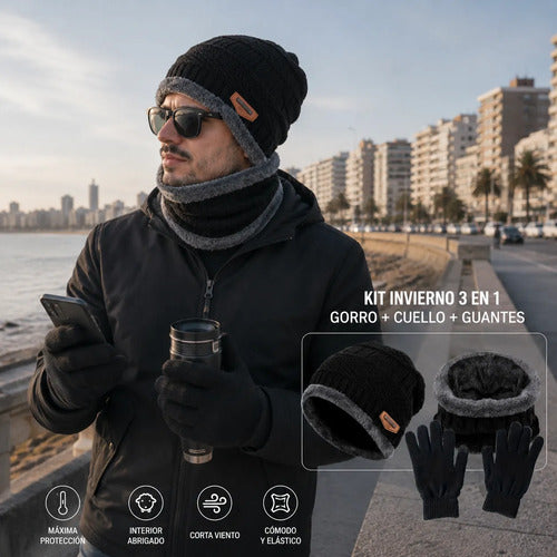 Kit Invierno 3 Pieza Gorro | Cuello | Guantes Termico Unisex Negro Liso