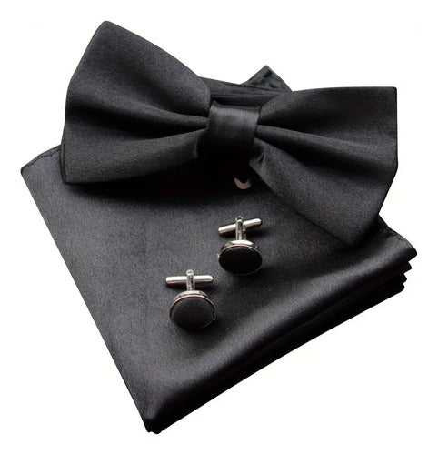 Moña Corbatin Con Pañuelo + Gemelos De Regalo Negro Lisa