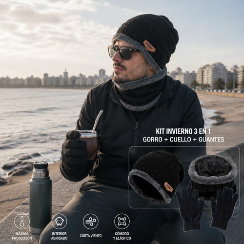 Kit Invierno 3 Pieza Gorro | Cuello | Guantes Termico Unisex Negro Liso