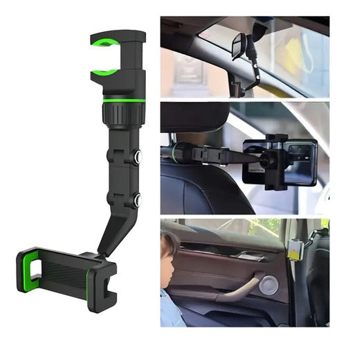 Soporte Celular Universal Espejo Retrovisor Clip Ajuste 360° Negro - Verde